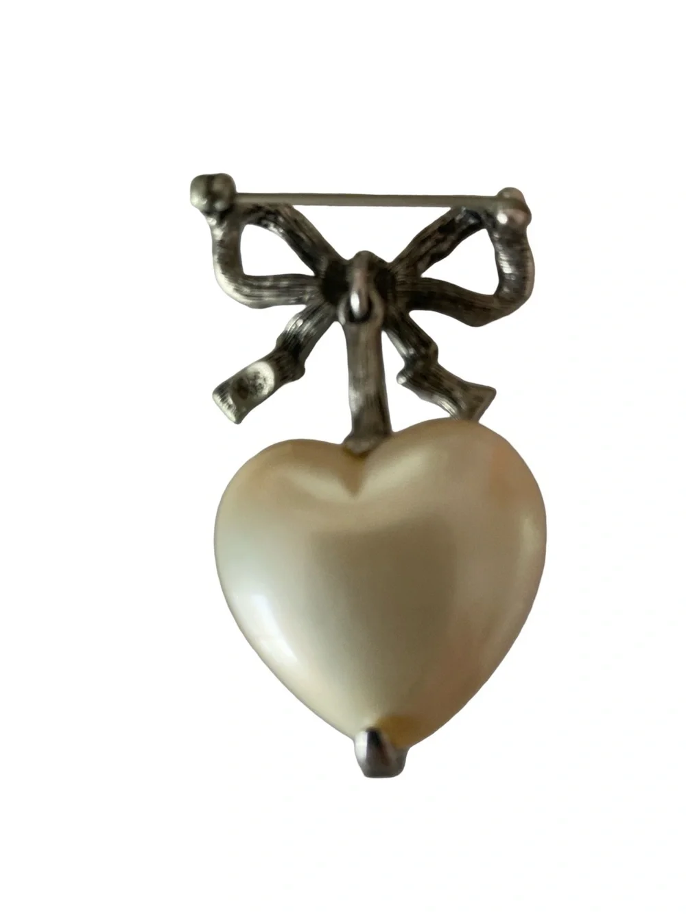 Joan Rivers Vintage Bow & Heart Pearl Drop Brooch - Ivory and Silver Tone-2x1.25